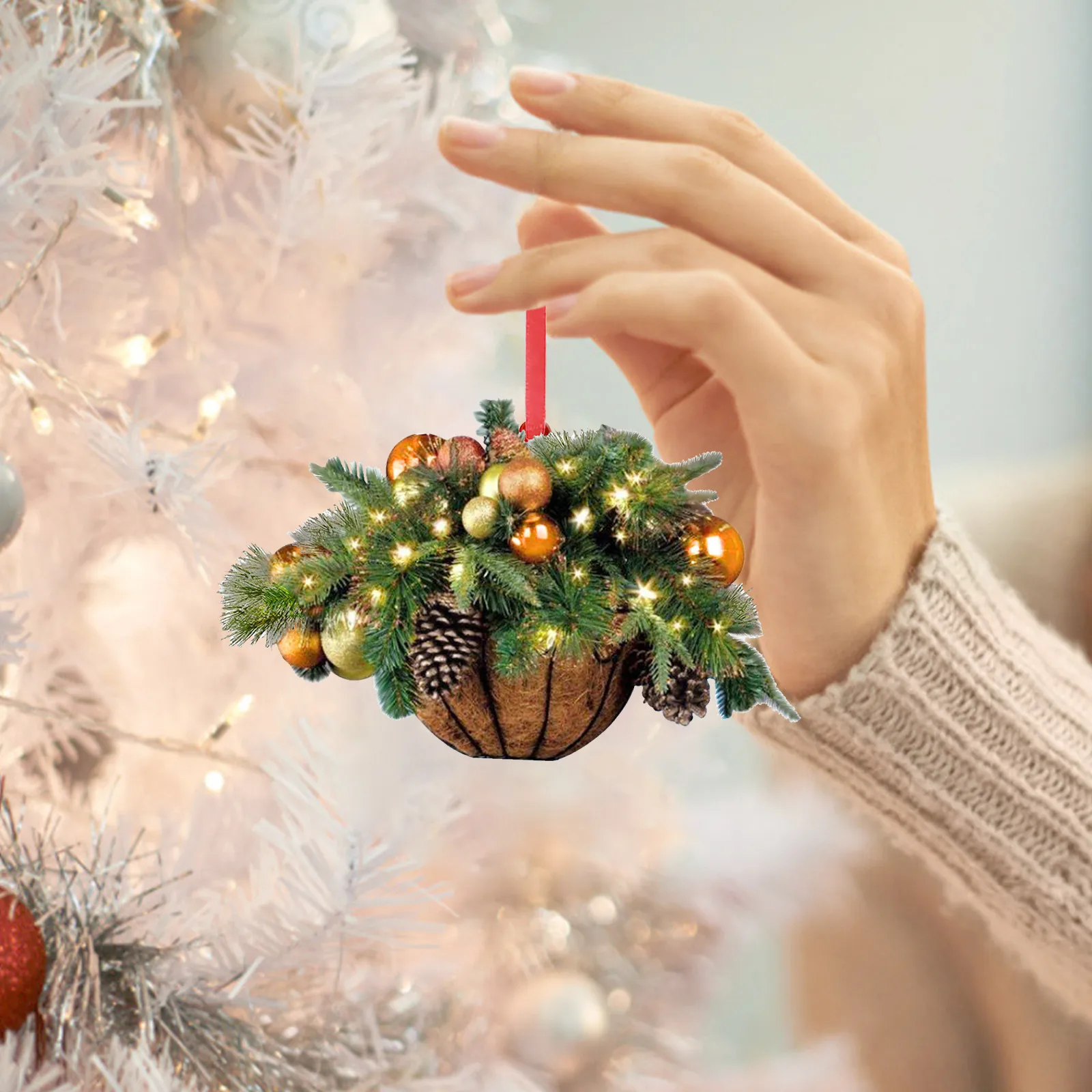 Artificial Hanging Flower Basket Christmas Pendant 2D Green Red Wreath Plant Xmas Tree Ornaments Merry Christmas Decoration Noel