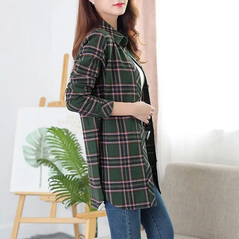 Women\'s Mid Length Plaid Shirt, Elegant, Simplicity, Loose, Korean Tops, Casual Clothes, Spring and Summer Fashion, New Style