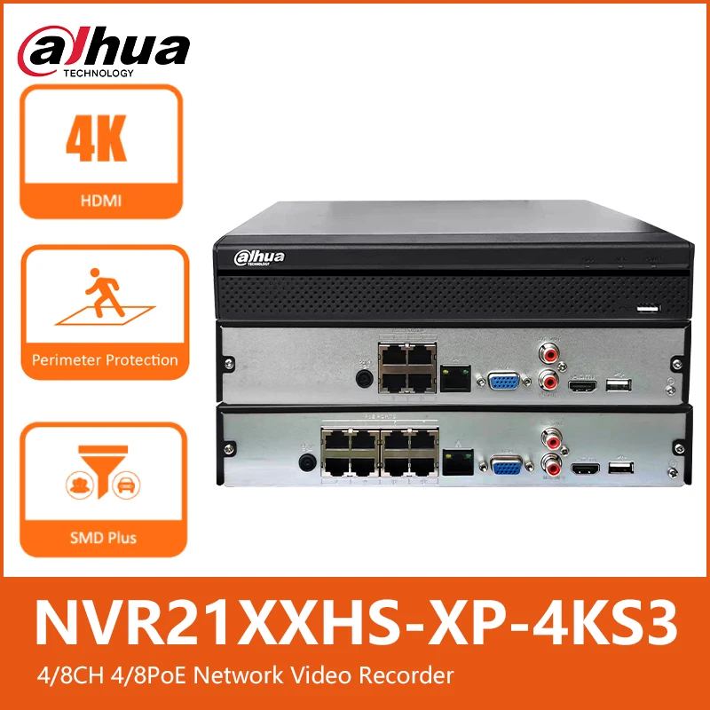 Dahua NVR2104HS-P-4KS3 4CH 4POE NVR2108HS-8P-4KS3 8CH 8POE Smart H.265 Compact 1U 1HDD Lite Gravador de vídeo em rede NVR SMD Plus