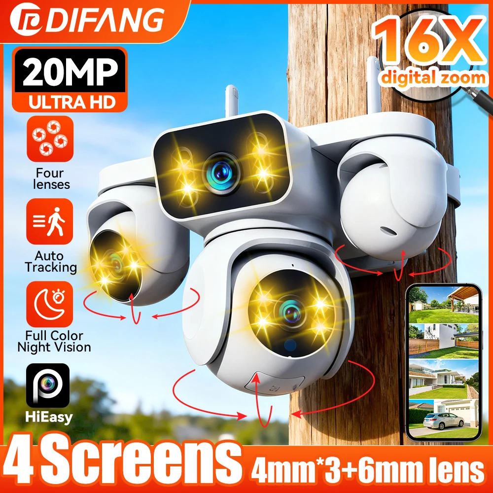 DIFANG Four Screens 20MP WiFi Camera 16X Zoom Security Camera Outdoor Four Lens HD PTZ Surveillance Wireless CCTV Camera