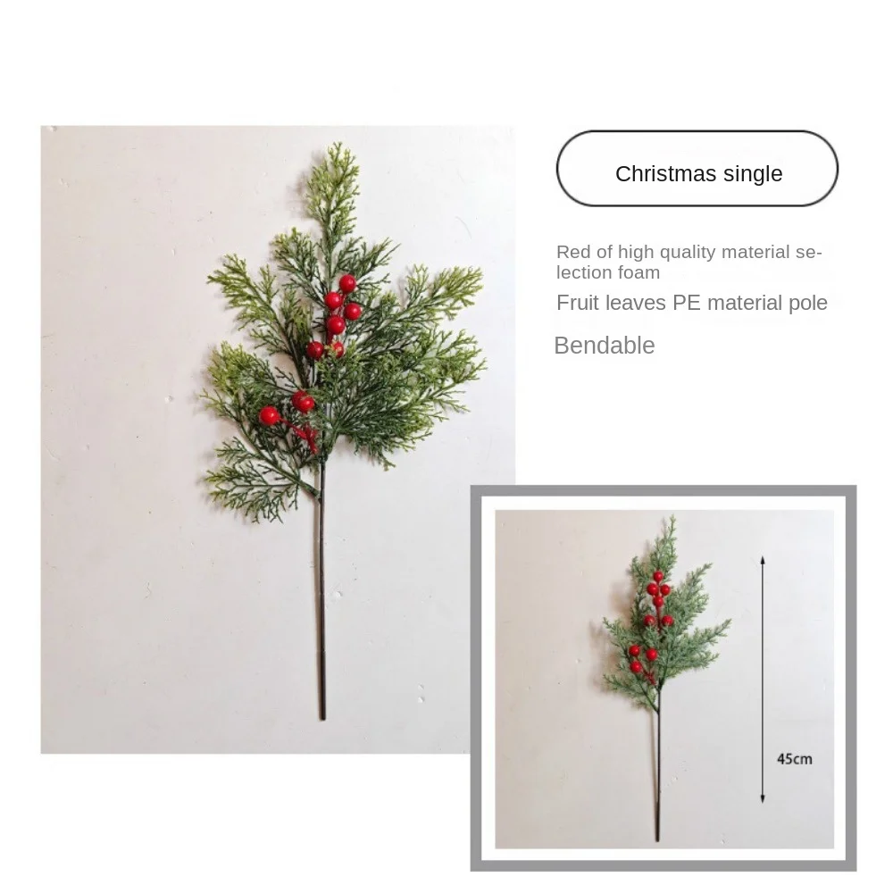 Green Artificial Pine Branch Christmas Tree DIY Wreath Simulation Pine Needle Home Decoration Plastic Fake Red Berry Leaves