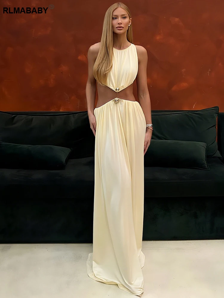 RLMABABY Seksowna Sukienka Maxi Bez Rękawów z Wycięciem w Talii, Obcisła Sukienka Damska, Elegancka Sukienka w Stylu Francuskim z Dekoltem O, Idealna na Imprezę Klubową