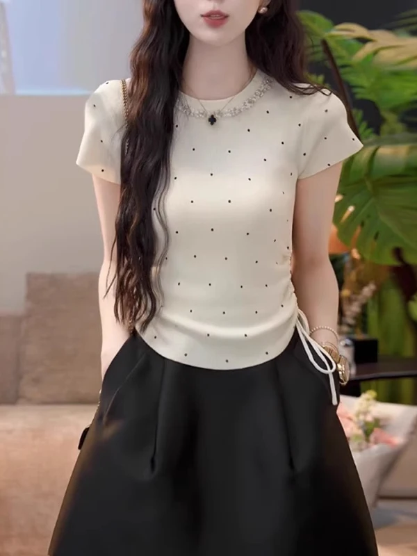 

plus Size Women's Polka Dot Ice Silk Knitwear ort Sve Slimming Top Korean Sle Commute Faion Body ape Design