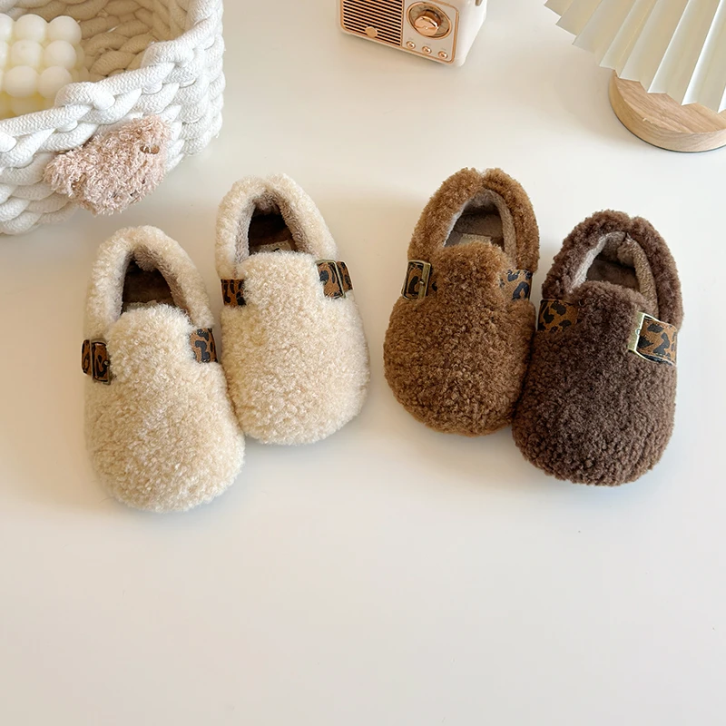 Children Cotton Shoes 2025 Winter New Leopard Round Toe Warm Plush Comfortable Non Slip Flat Shoes Furry Girls Princess Shoes