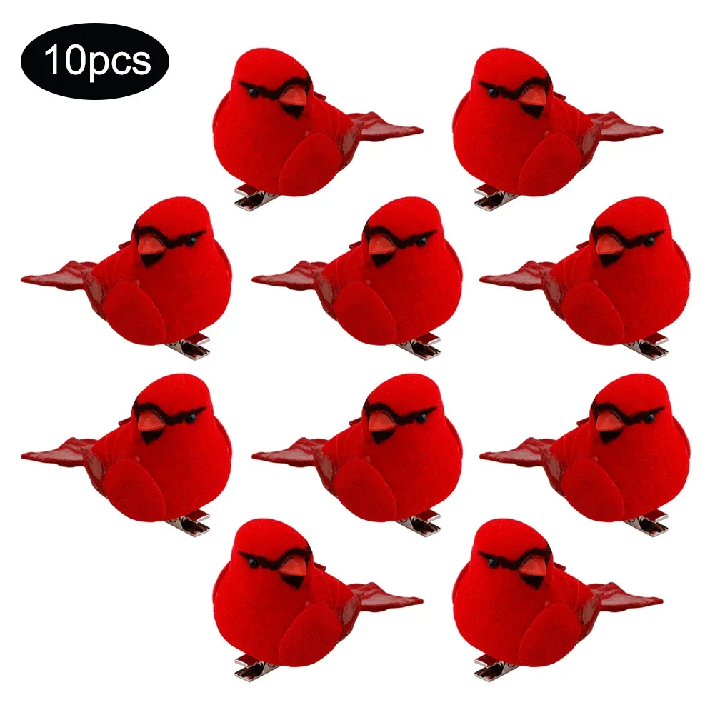 10pcs Artificial Red Birds Ornament Clip-on Cardinals Feathered Birds Christmas Tree Decoration Handmade Fake Bird Craft Pedent