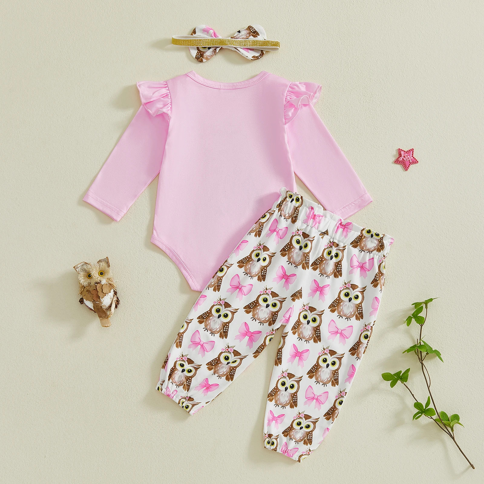 3 قطع ملابس الربيع للفتيات الرضع كشكش طويلة الأكمام طاقم الرقبة البومة طباعة رومبير مرونة الخصر السراويل ومجموعة عصابات رأس #4