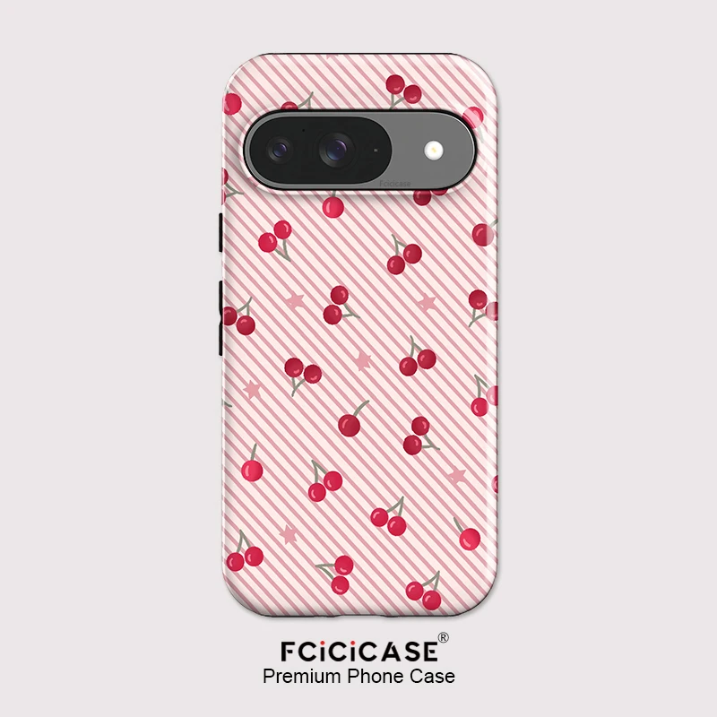 Fcicicase Kirschsterne Streifenmuster Handyhülle für Pixel 9 10 Pro 7A 8A 8 10A 10 9 Pro XL Doppelschichtige matte Acryl-Abdeckung
