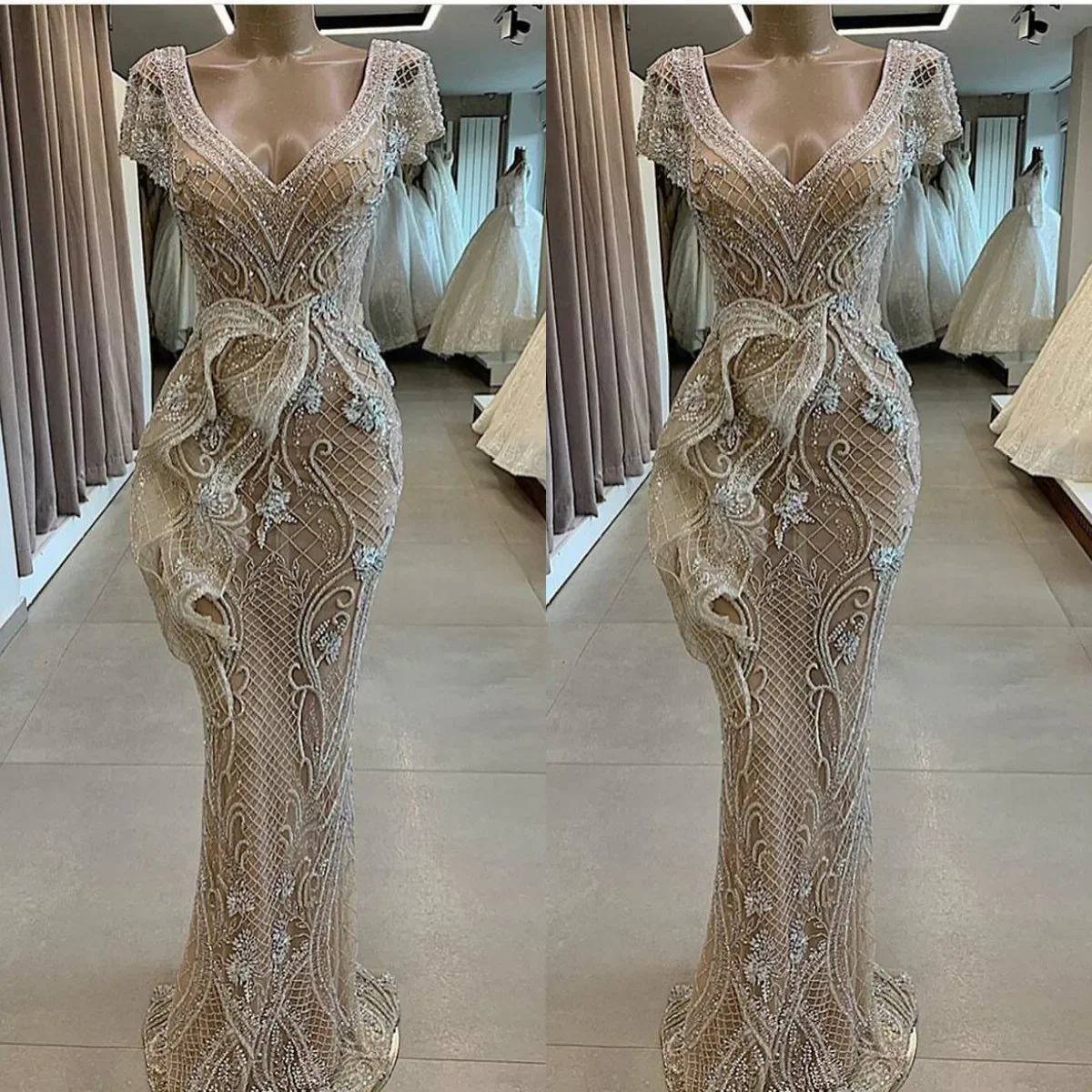

Stunning Mermaid Evening Dresses V Neck Appliqued Capped Short Sleeves Ruffle Sweep Train Prom Dresses Customized Party Dress