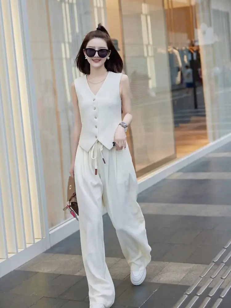 Women's Loose Casual Fashion Shirt High Waist Trousers Set Fashion Lapel Sleeveless Shirt Wide Leg Pants Two Piece Set YC254