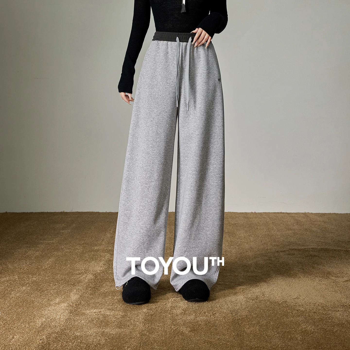 

TOYOUTH 2025 Winter New Women's Cotton Casual Pants with Colorblock Elastic Waist, Fashionable Korean-Style Wide-Leg Trousers
