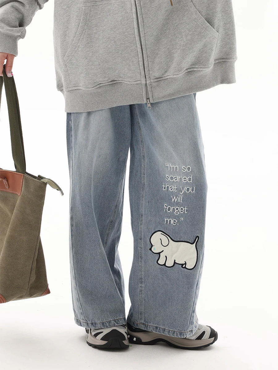 

Cosmic King 2025 оригинальные универсальные винтажные свободные джинсы с вышивкой для собак, повседневные хлопковые длинные брюки для женщин