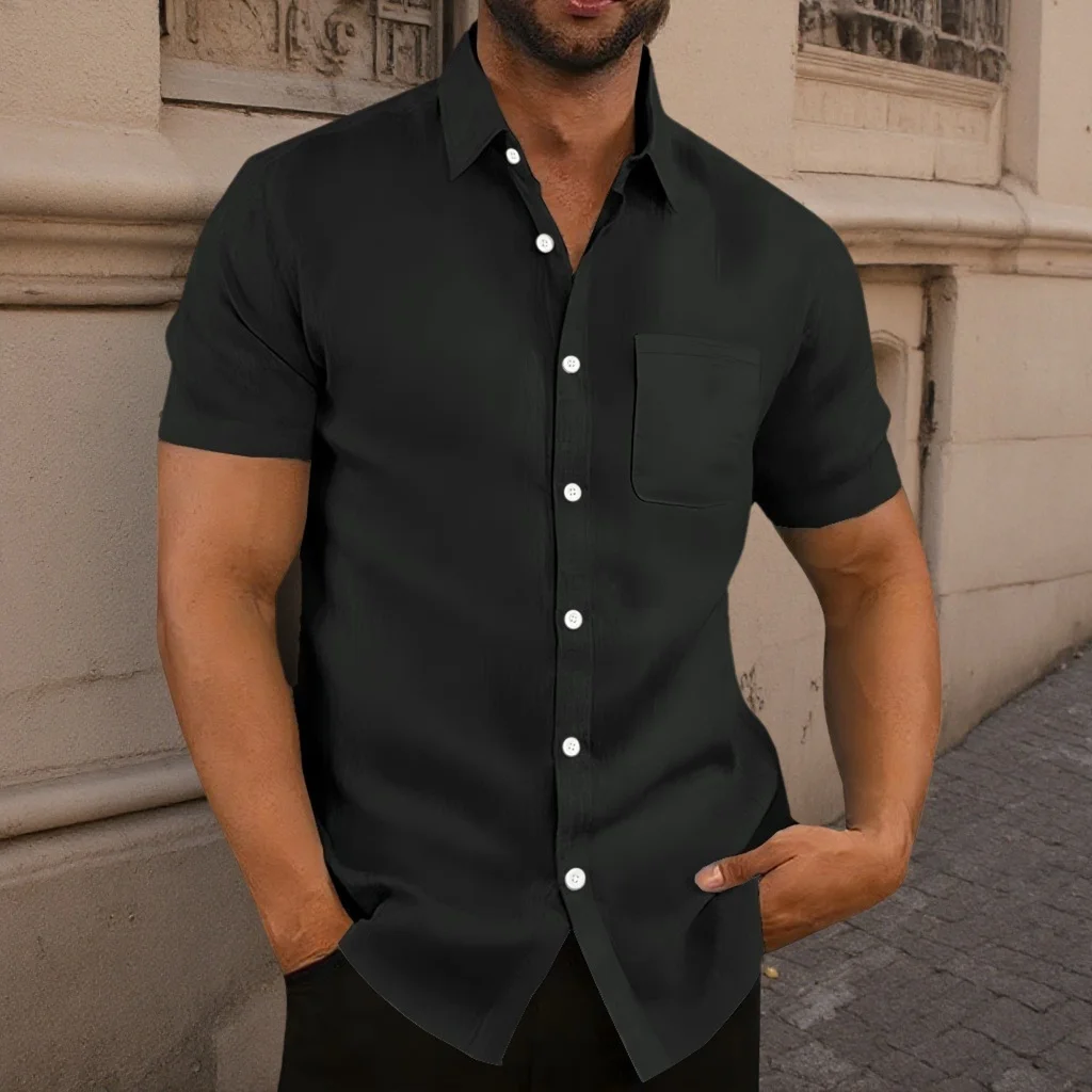 New men's casual cotton and linen retro button-down shirt with collar, solid color, fashionable pockets, street sport shirt