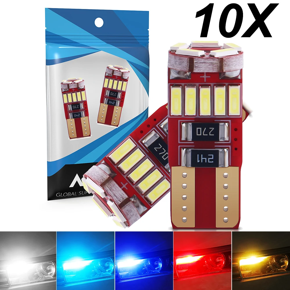 10x W5W T10 LED CANBUS No Error 5W5 168 12V 800Lm Super Bright Car Interior Side Light 194 4014 15SMD Auto Bulb White Amber Red