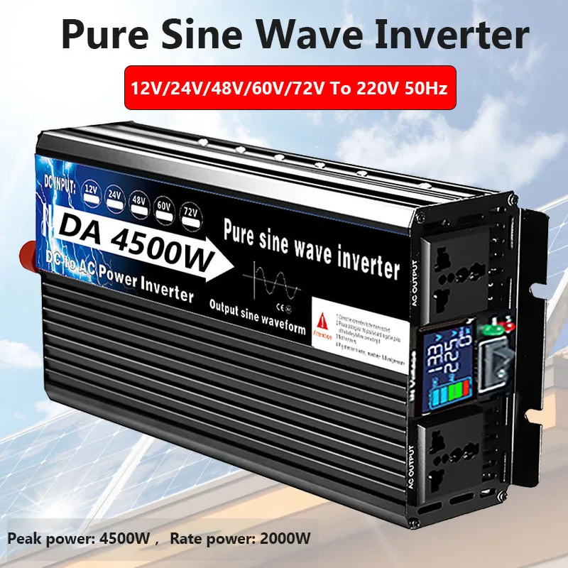 

Pure Sine Wave Inverter 12/24V to 220V 50HZ Solar Car Inverter Portable Power Banks Converter DC To AC With LED Screen 2 Sockets