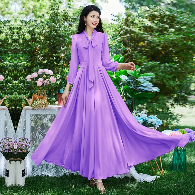 

Beach Chiffon Dress Women's 2022Spring Summer New V-Neck Slim Chic Bohemian Dresses Mid-Waist Big Swing Long Party Vestidos Lady