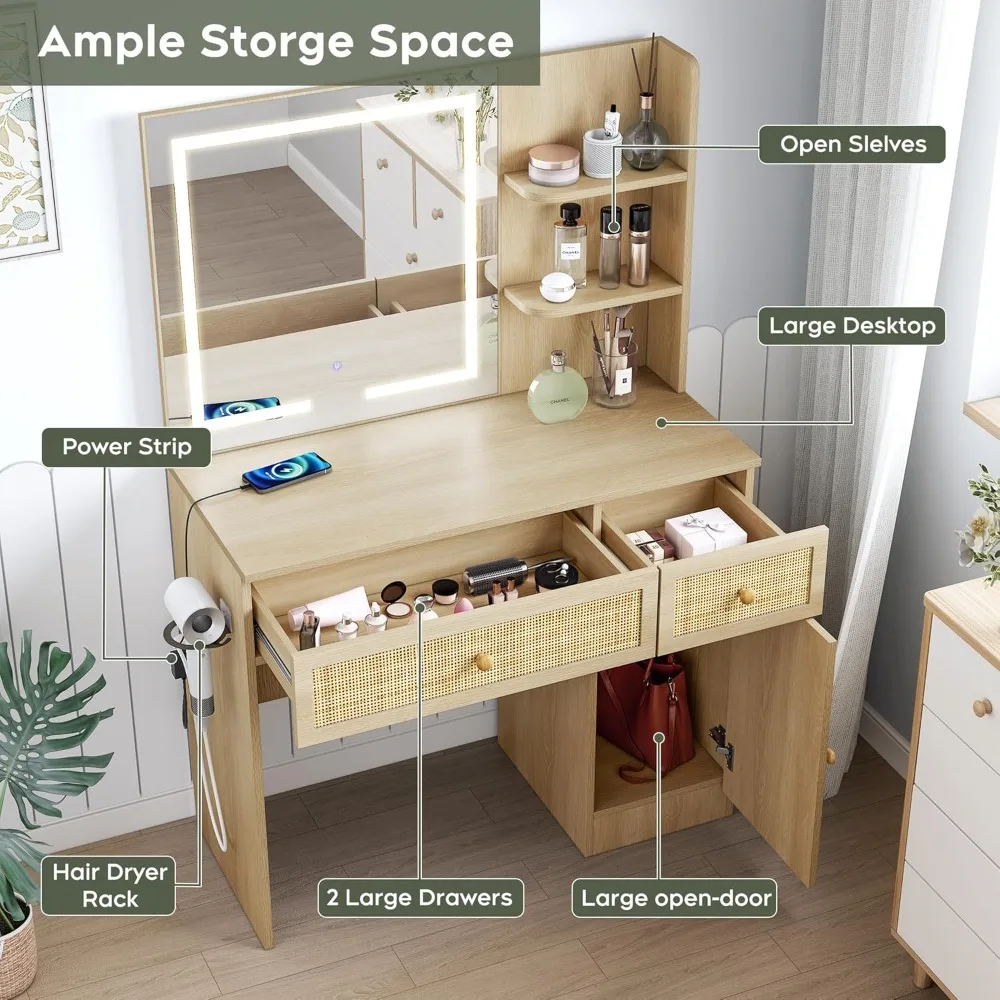 35" Boho Makeup Vanity Table with LED Lighted Mirror & Power Strip, Wooden Dressing Table Set with Rattan Drawers