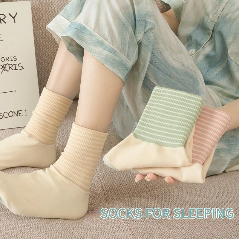 Home Floor Socks Women Striped Casual Long Socks Air-conditioned Room Cold-proof Breathable Sweat-absorbent Loose Sleeping Socks