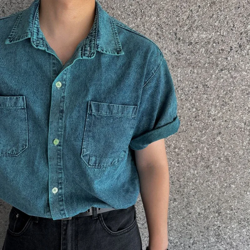 Denim Shirts Men Shirt Blouses Summer Top Casual Turn Down Collar Punk Biker Single Breasted Hip Pop Top Streetwear Shirts 2025