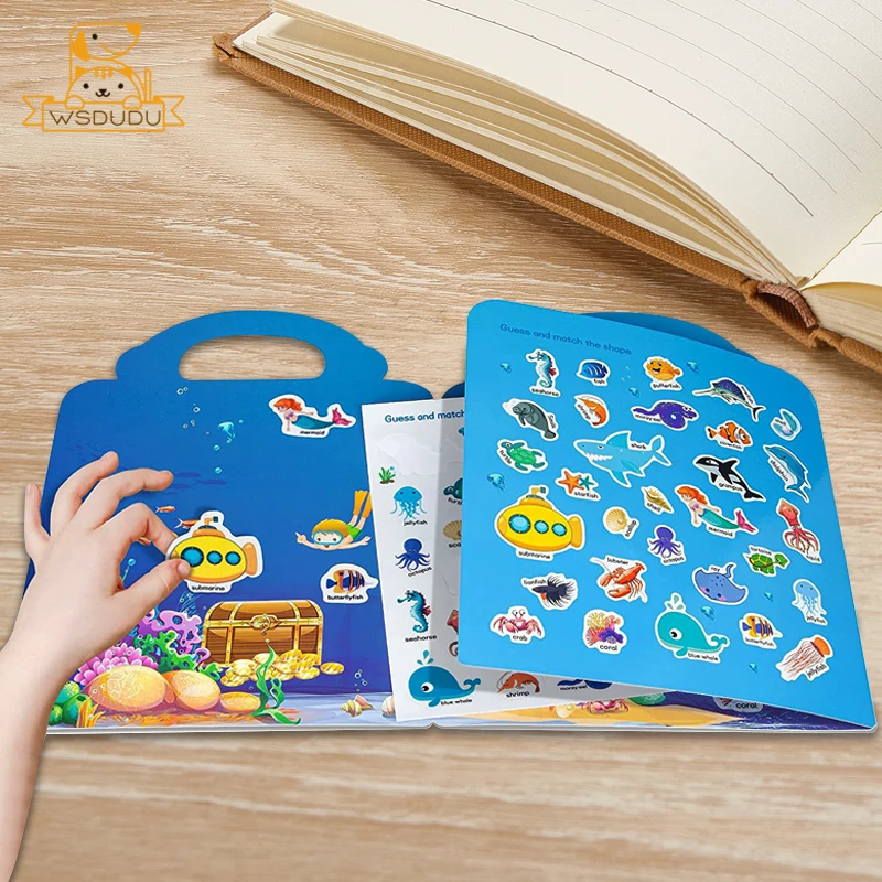 2PCS Sticker Books Cute Reusable DIY Sticky Animal Dinosaur Ocean Scene Theme Game Cartoon Pattern Classic Toy Fun Children Gift