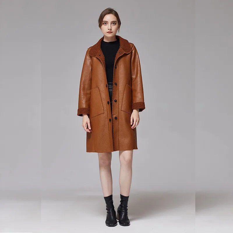 Women's Faux Leather Coat Lapel Collar Single Breasted Mid Length Long Sleeve Comfortable Trendy Commuter Casual Daily Wear Coat