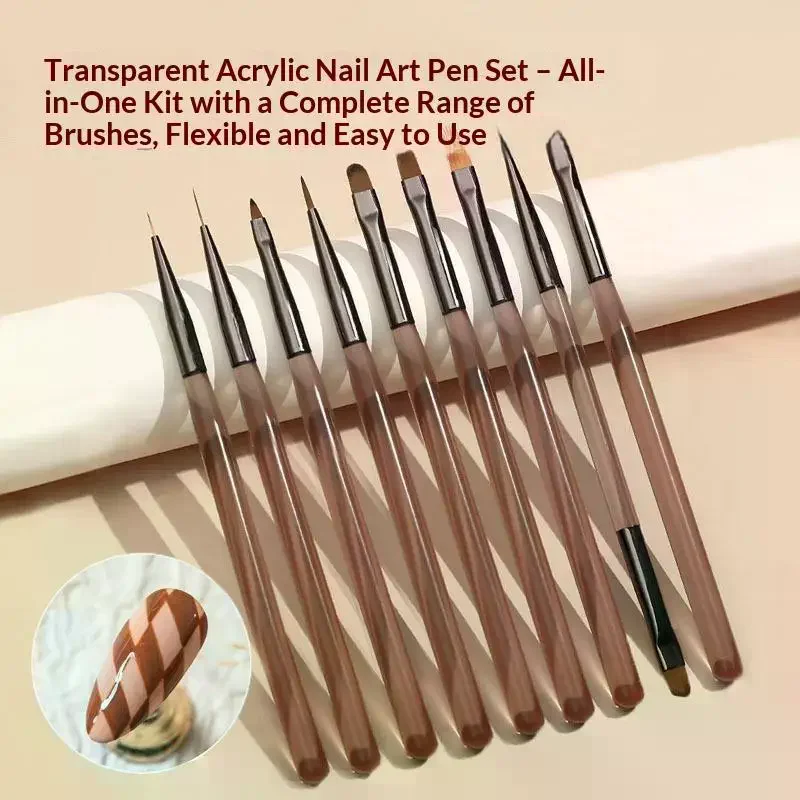 1/9Pcs Professional Acrylic Nail Brush Set Semi-transparent Nail Art Brush Nail Line Draw Waterproof For Home DIY Manicure Salo