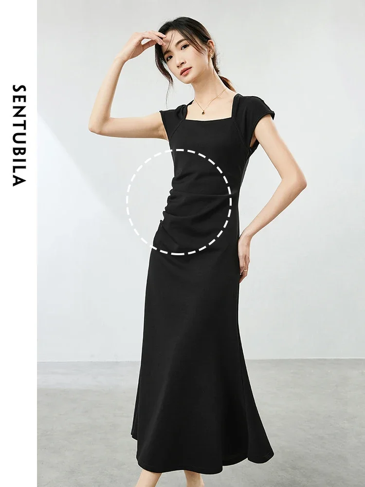 SENTUBILA Fashion Square Collar Black Dress Slim Short Sleeve Umbrella Dresses 2024 Summer Elegant Female Clothing 142L54013