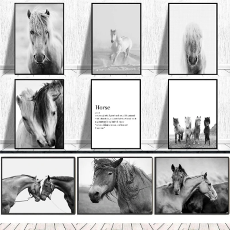 Black And White Horse Head Poster Art Painting , Animal Horses Photography Canvas Art Prints Home Room Wall Picture Modern Decor