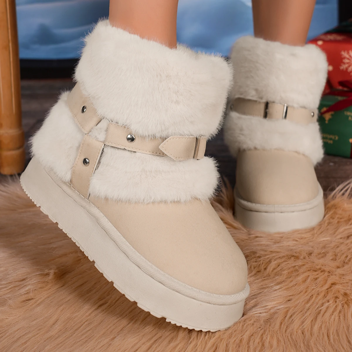 Robuste Plateau-Winterstiefel mit Pelzfutter für Damen, Retro-Nieten, flauschig gefüttert, dicke Sohle, Schneestiefel für Damen, lässige, rutschfeste Baumwollschuhe