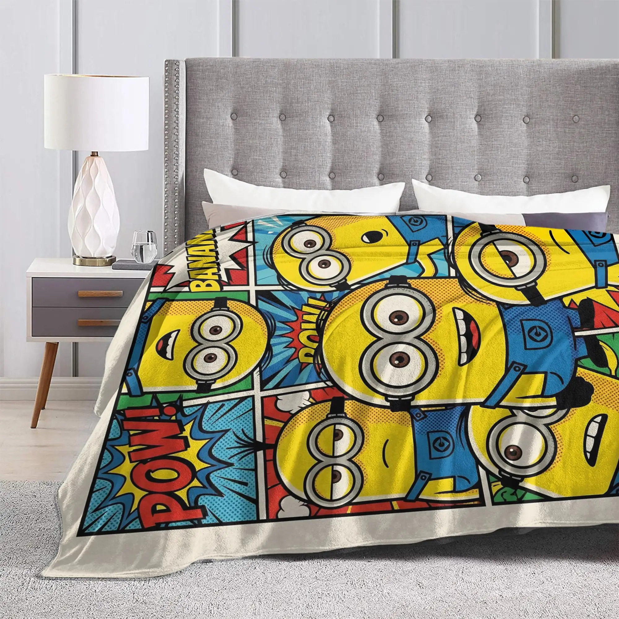 M-Minions-s Banana Comic Pop Art Blankets Fleece Print  Multi-function Lightweight Thin Throw Blankets for Bed Office Rug Piece