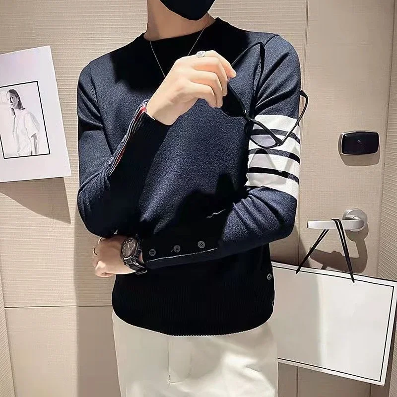 

Crewneck Pullovers Striped Business Man Clothes Round Collar Knitted Sweaters for Men Y2k Vintage Winter 2024 Plus Size A X Neck