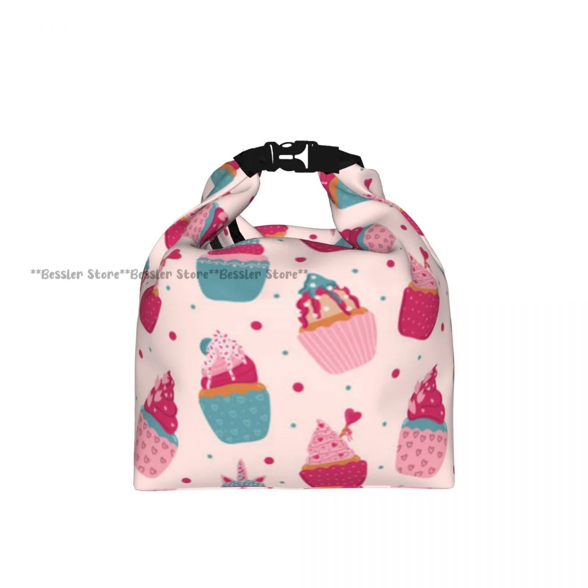 Roll Top Thermal Lunch Bag Ice Cream Cupcakes Hearts And Strawberry Pink Insulated Bento Bag Reusable Food Storage Handbag
