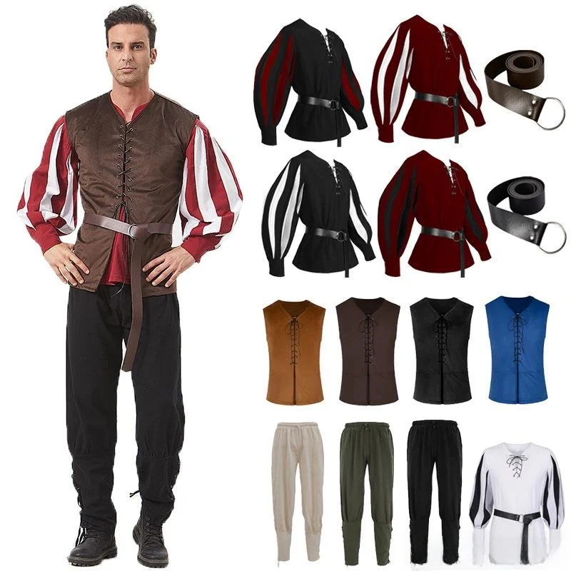 Camisa Retro Medieval para Representaciones Teatrales, con Bloques de Color y Cuello con Lazo, Top de Cosplay para Hombre, Moda Otoñal, Manga Siete Cuartos, Mezcla de Poliéster