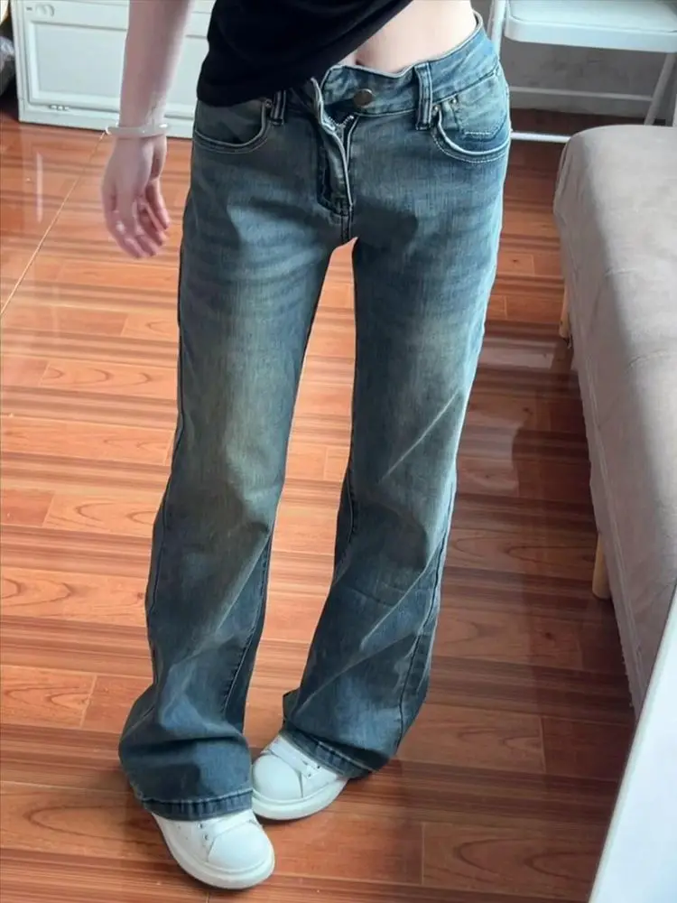 White Jeans For Women Straight Blue Casual Retro 2000S American Distressed Hole Ripped Female Clothing Unisex Basic Simple Long