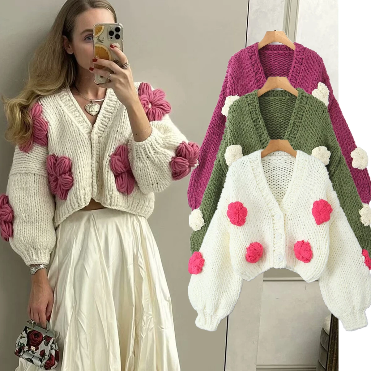 

Dave&Di Winter Coat Women French Fashion Blogger Handmade Crochet Flower Knitted Jacket Sweaters Cardigan Women