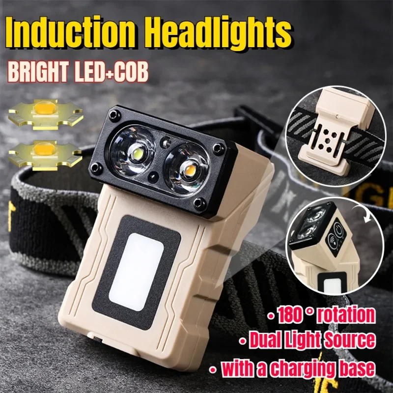 Mini LED+COB Headlamp Dual Lights Source Flashlight 180 ° Rotation Multi Functional Headlight Sensing Cap Clip Light Work Torch