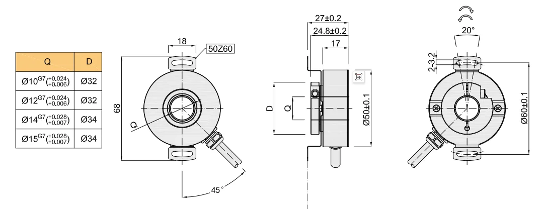 PGK50 Stainless Steel Incremental Optical Hollow Shaft Encoder 5000PPR UVW Signal IP67 Spring Plate for Industrial Automation
