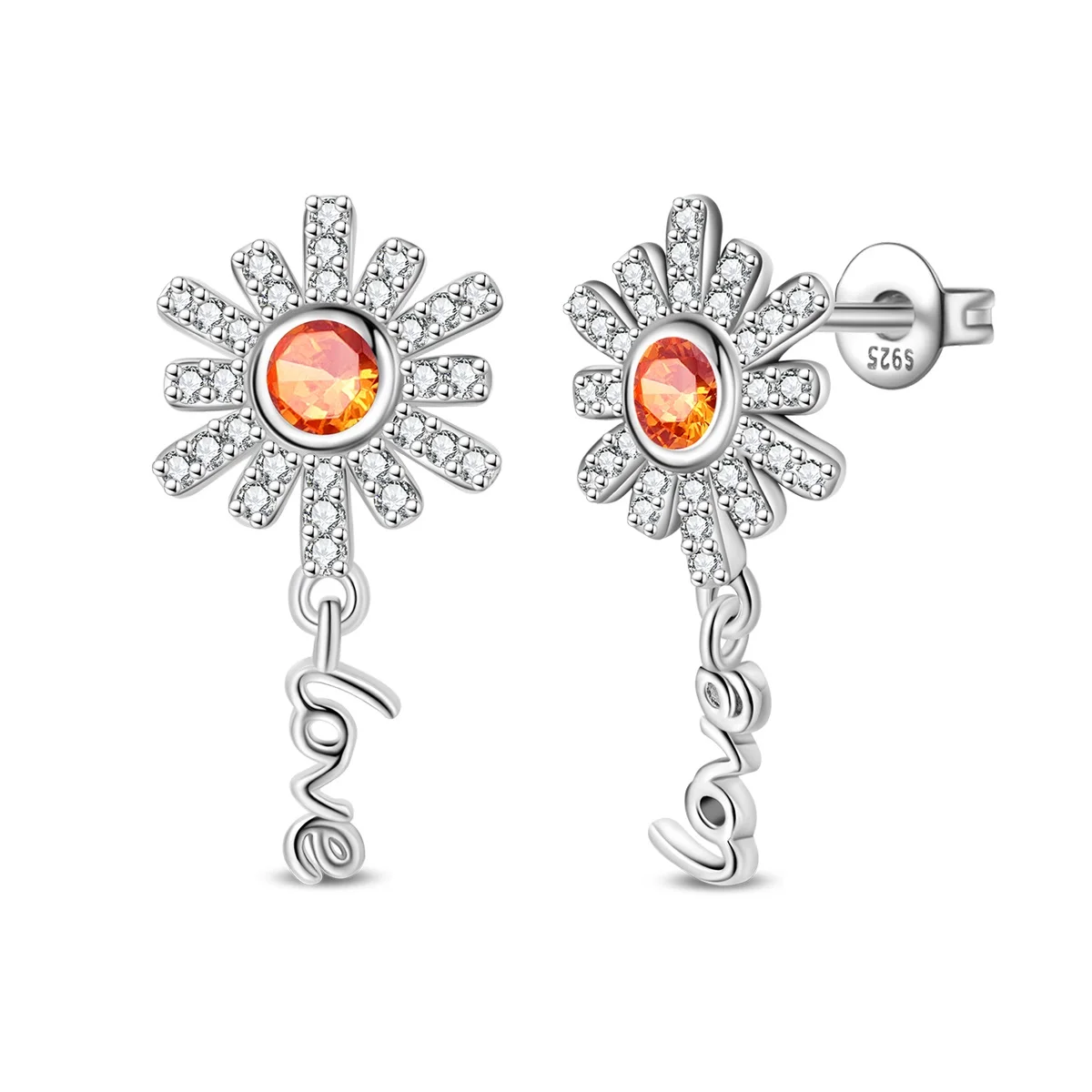 Elegant 925 Silver Plated Daisy Stud Earrings, Orange Simulated Citrine & Sparkling Cubic Zirconia, Delicate 