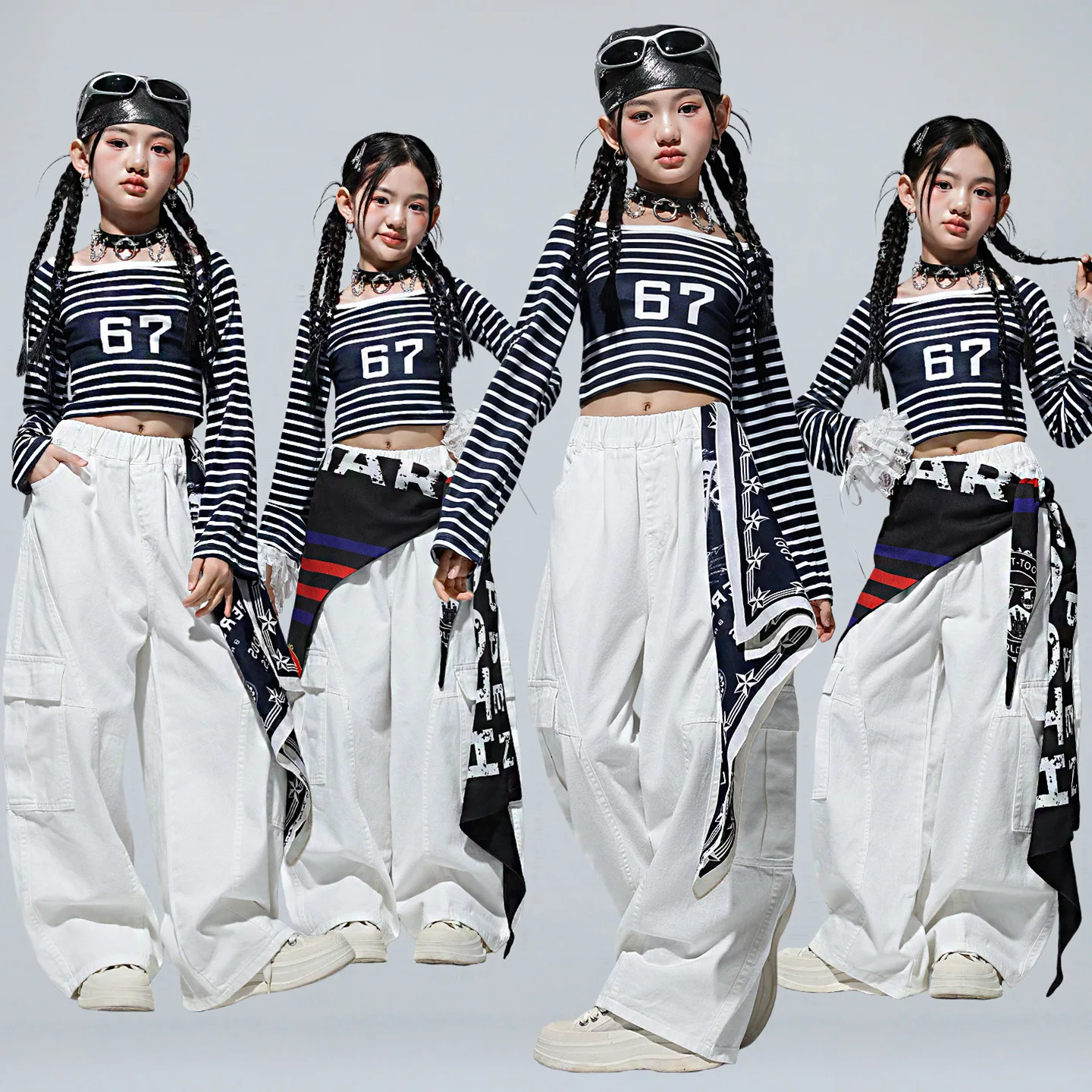 

Kid Kpop Hip Hop Clothing Navy Blue Striped Crop T Shirt White Curved Blade Cargo Pants for Girls Street Dance Costumes Clothes