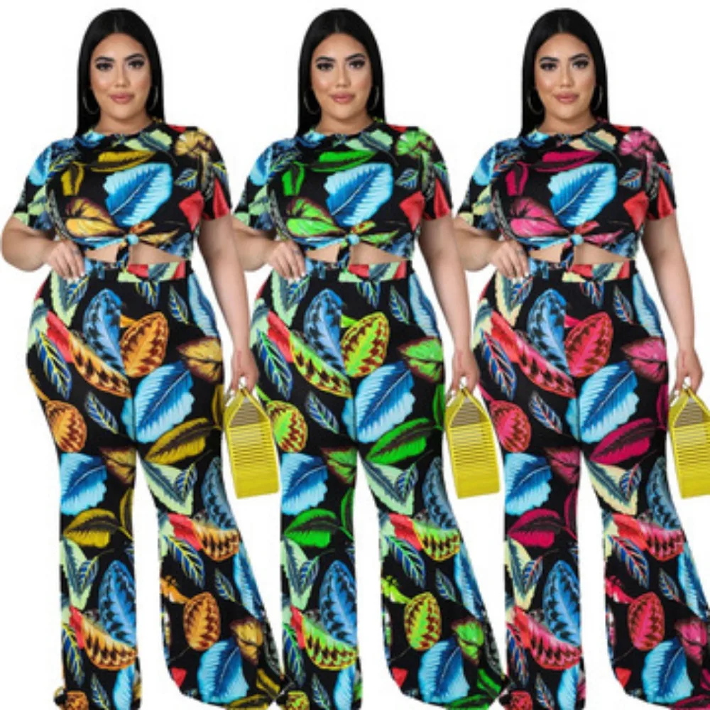 Somo Plus Size Sexy Fashion Print Tweedelige Set Dames Korte Mouw T-Shirt Wijde Pijpen Broek Pak Outfits Groothandel Dropshipping