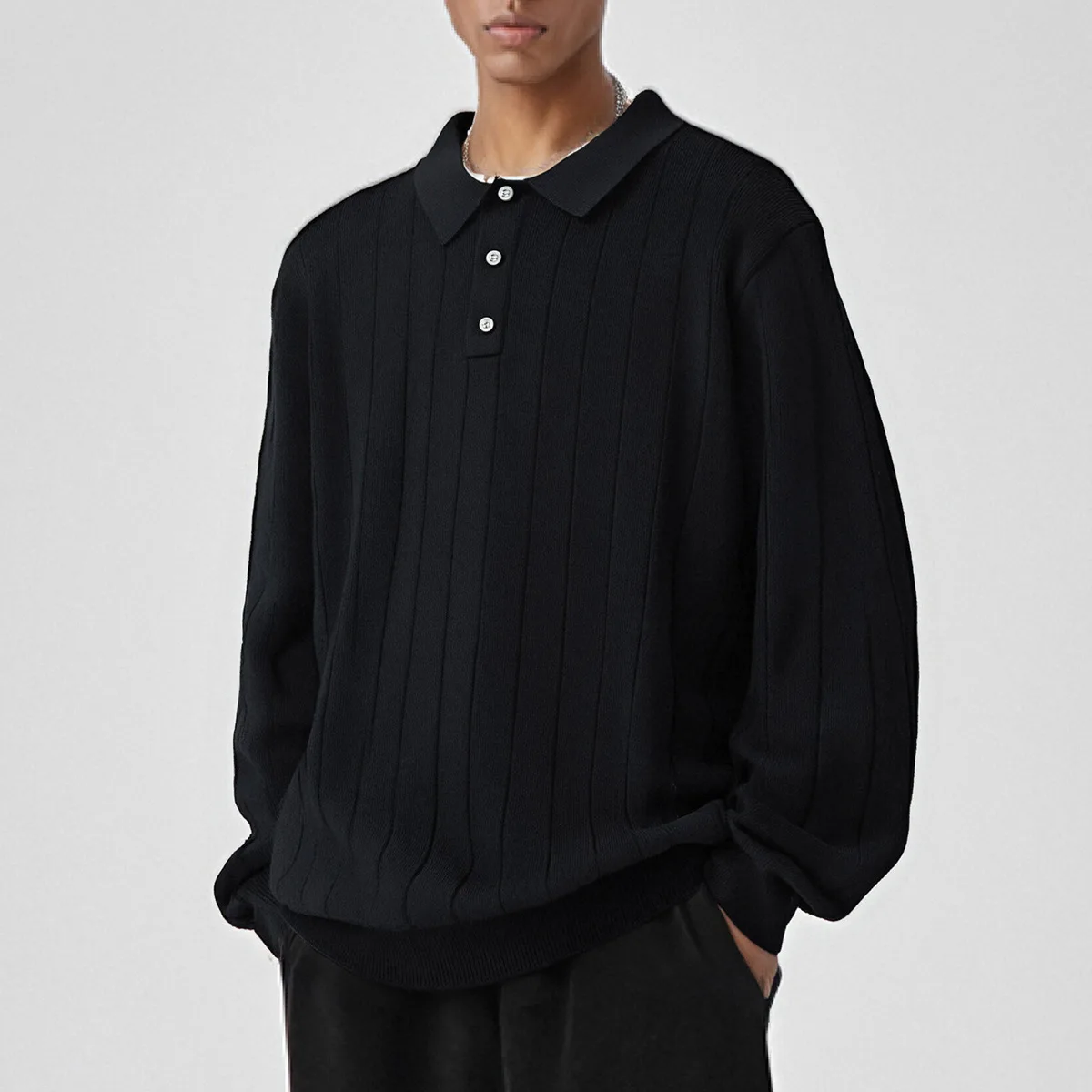 Männer Vintage Gestreiften Revers POLO Gestrickte Pullover Mann Business Casual Mode Lose Beiläufige Langarm Pullover Pullover Tops