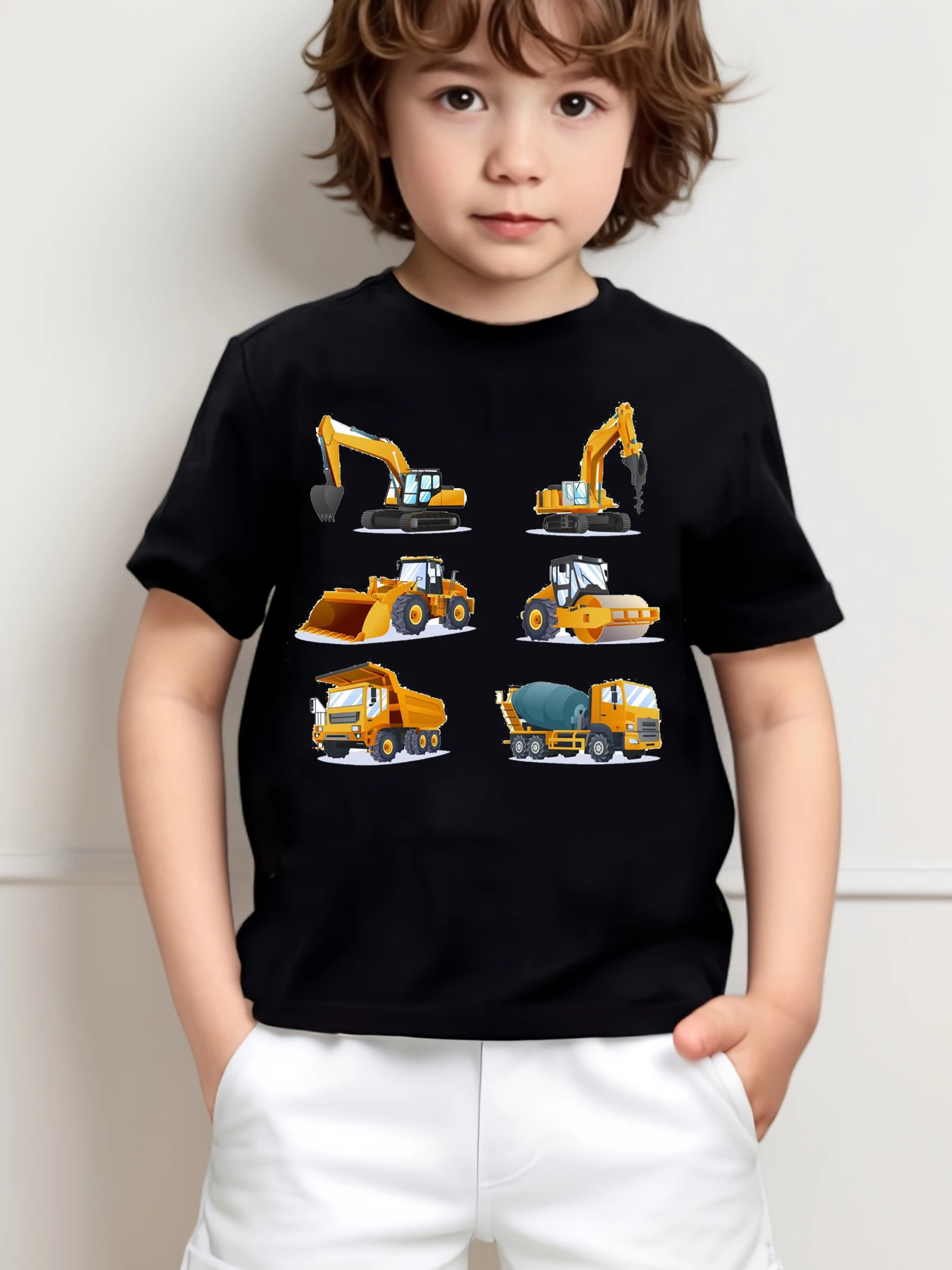 

Футболка с рисунком экскаватора для мальчиков — удобная повседневная футболка из полиэстера с короткими рукавами, круглый вырез, летняя одежда