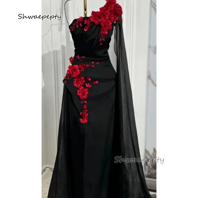 

Elegant One Shoulder Prom Dress With Red Flowers Appliques Arabic Black Satin Special Occasion Party Gown For Women Customized