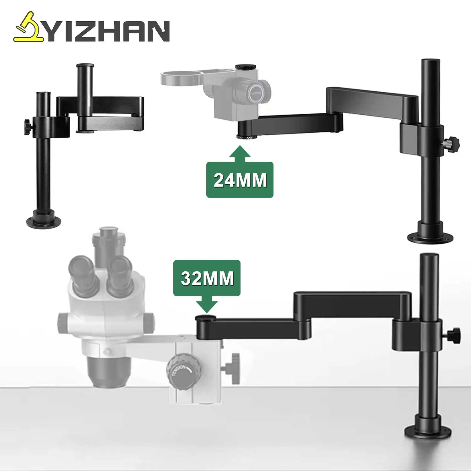 Articulating Arm Clamp Microscope Bracket 24mm 32mm 360° Adjustable Microscope Swing Arm Bracket Rotating Universal Flexible Folding Fixed Lifting Metal Forging Column Desktop Stand For Stereo Microscope Monocular Lens Video Microscope
