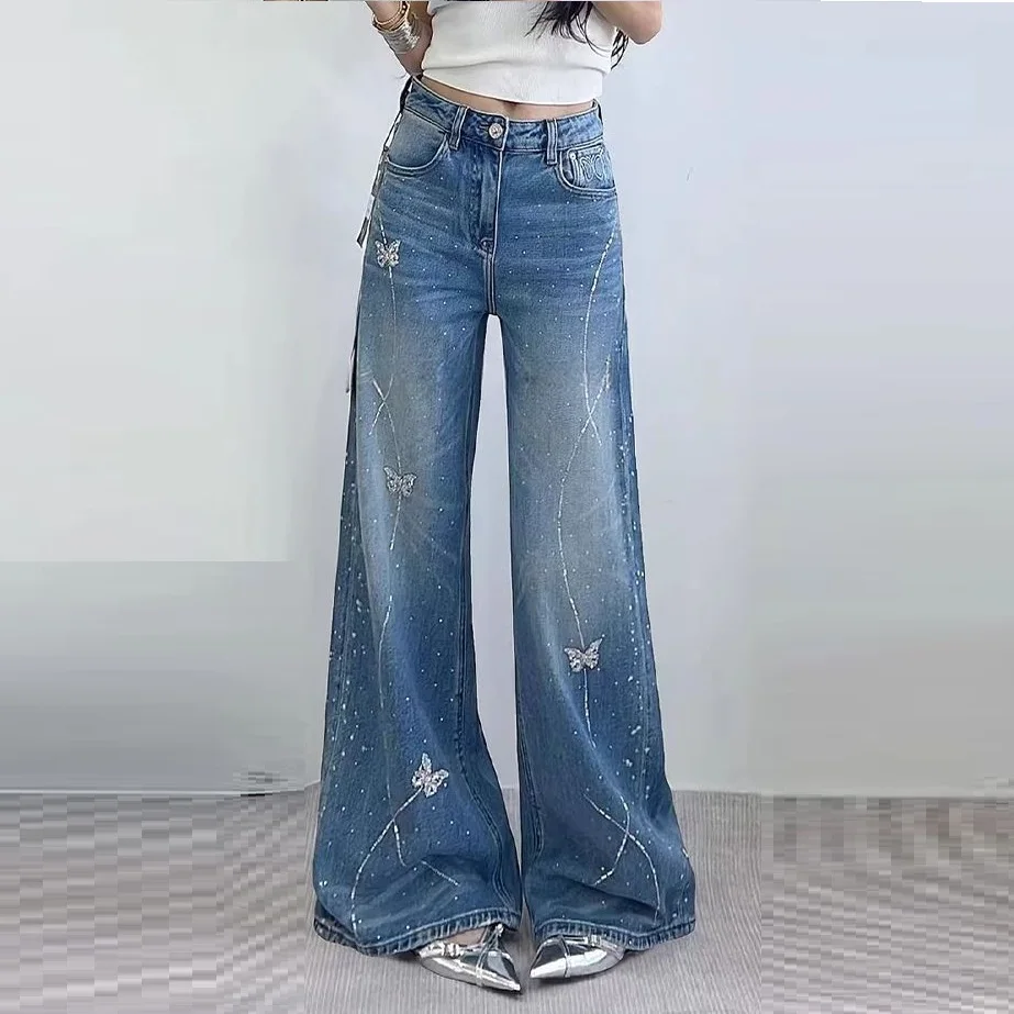 

CHIC Elegant Woman's Straight Leg Denim Jeans Trendy Butterfly Bling Bling Diamond Wide Leg Pants Ladies Trousers Fashion Girls
