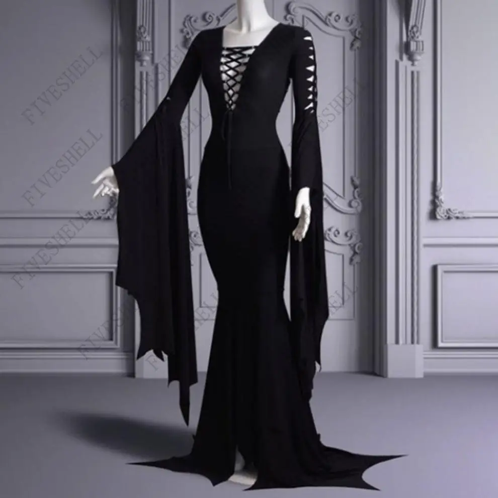 Abito da donna con lacci neri da vampiro medievale S-5XL Costume da strega Sexy fantasma di Halloween Morticia Addam Maxi vestito gotico