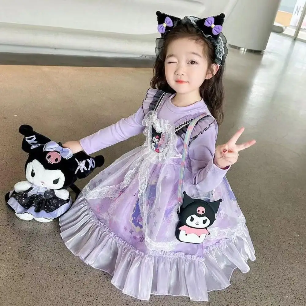 Sanrio Kuromi Girls Dress Spring Autumn Long Sleeves T-Shirt Kawaii Lolita Role Play Princess Dress Hoodie Children's Clothing