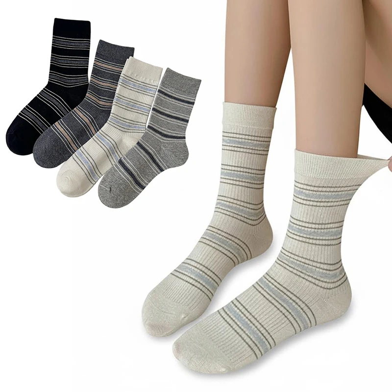 4 Paar klassische Damensocken im College-Stil, gestreift, atmungsaktiv, schweißabsorbierend, Baumwolle, Frühling und Herbst, Trend, lässige Wadensocken