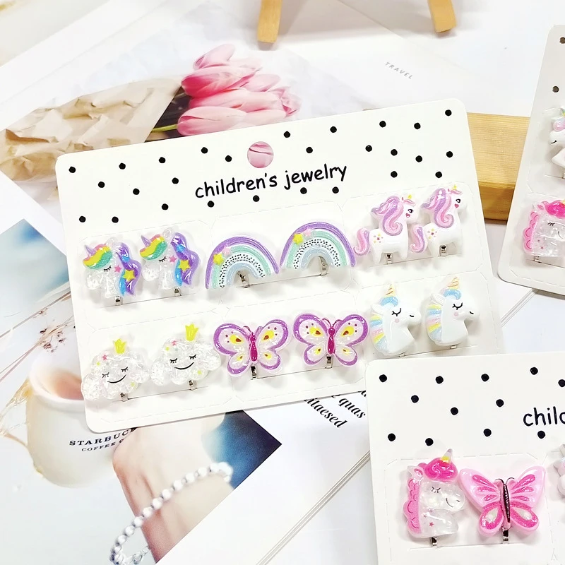 21Styles Non Piercing Clip On Cute Rainbow Unicorn Resin Earrings for Kids Children Girls Christmas Jewelry Gift