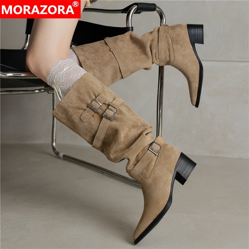 

MORAZORA INS New Faux Suede Knee High Boots Women Buckle Square Mid Heels Autumn Winter Fashion Boots Ladies Pleated Shoes