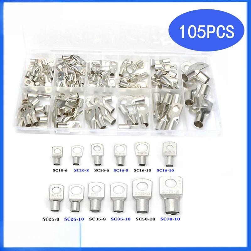 

105Pcs/Box Tin-Plated SC Open Barrel Copper Lugs Bare Crimp Cable Terminals Kit